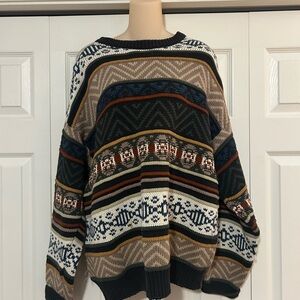 Bachrach Men's Geometric Knit Vintage 1990s Sweater - Blue, Brown, White
